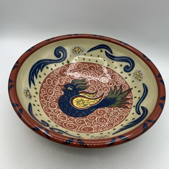American Folk Art Pottery Serving Bowl Bird Hand Painted McNeil Red Blue 11" - Picture 3 of 9